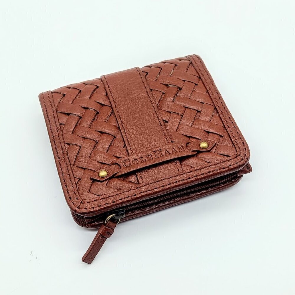 Cole Haan Cognac Village Woven Foldover Leather Wallet